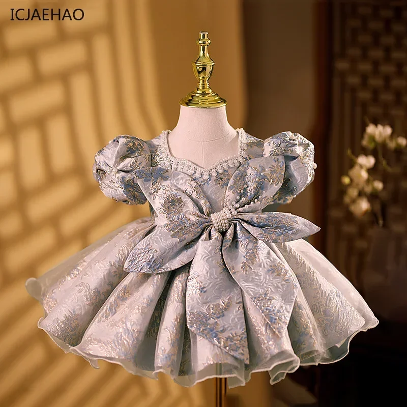 ICJAEHAO 2025 Girls Elegant Children Birthday Baptism Party Evening Dress Floral Beading Bow Design Princess Ball Gown Clothes