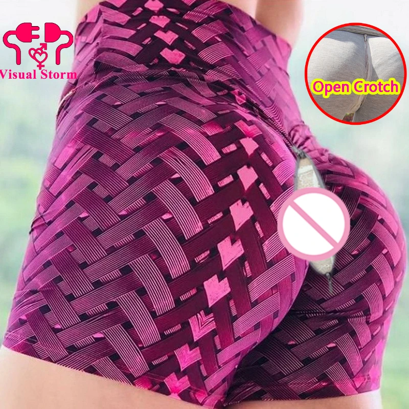 Woman Yoga Open Crotch Pants Shorts with Hidden Zippers Waist Steel Color Underpants Outdoor Sex Adult Video Panties Crotchless