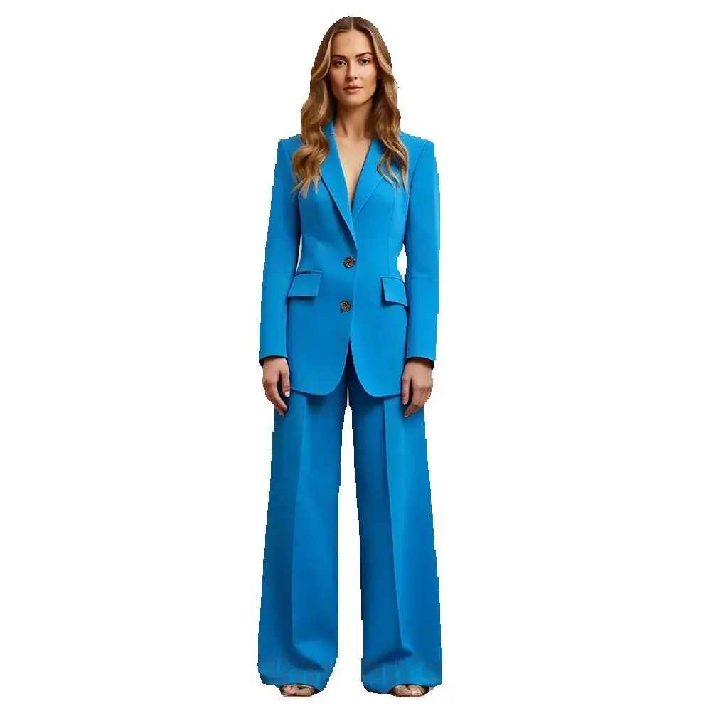 Nova moda feminina terno único breasted blazer e calças de perna larga conjunto formal senhora do escritório duas peças chique cor sólida outfit