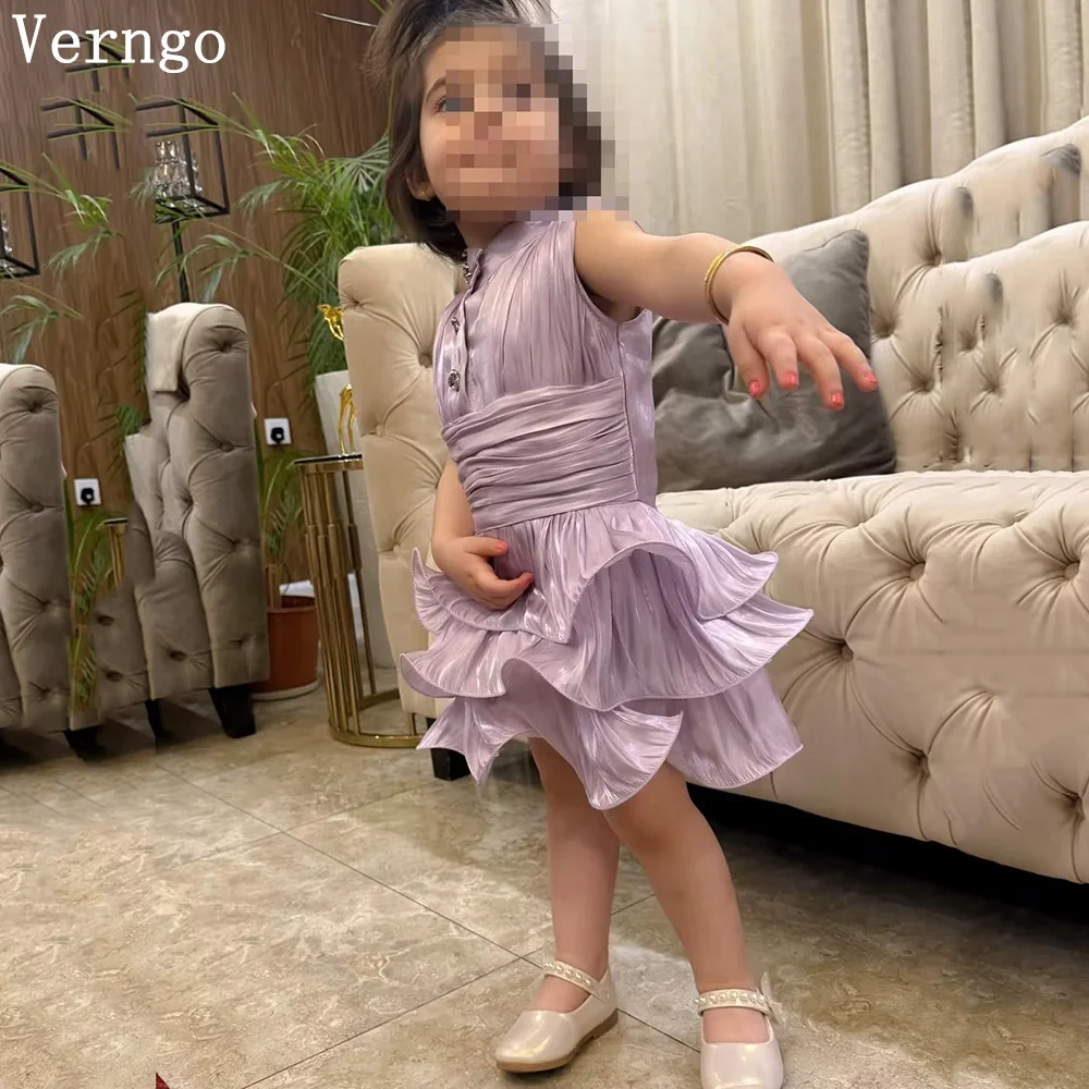 Verngo Lavender Shiny Mini Girl Fowers Dress Satin Tiered Birthday Party Dresses Sleeveless Kid Prom Gown Customized
