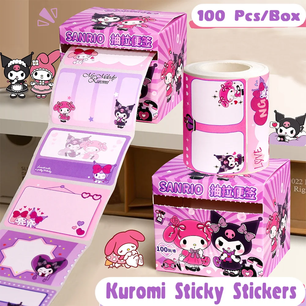 New 100Pcs Sanrio Sticky Note Stickers Cute Kuromi Melody Hand Made Accessories Paper Glue Tape Sticker Kid Toys