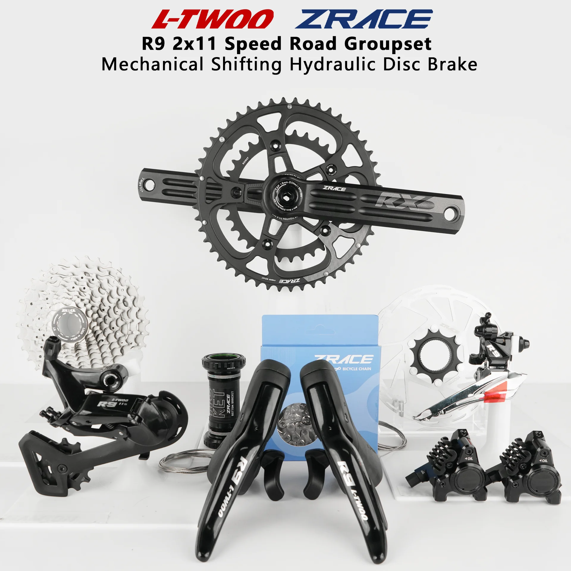 ZRACE Crankset Cassette SUMC & DYC Chain + LTWOO R9 2x11s Hydraulic Disc Brake, 22-Speed Road Bike Groupset, Compatible with R70