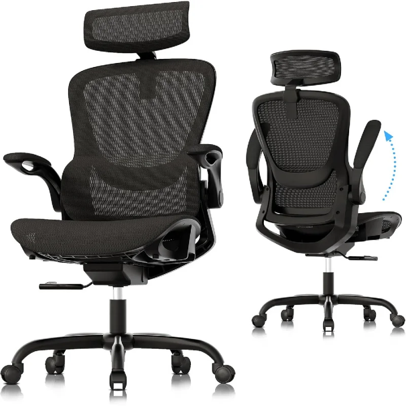 

Ergonomic Mesh Office Chair, Adjustable Home Desk Chair with Folding Armrest, 2D Headrest, Soft Seat and PU