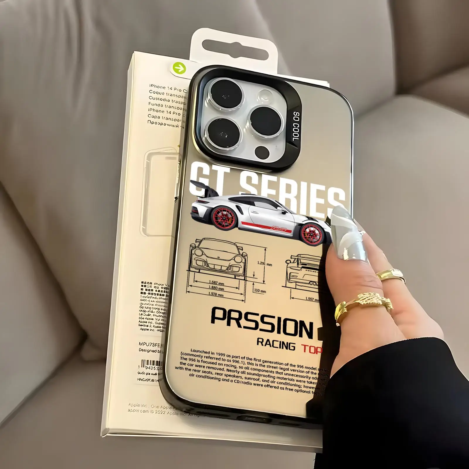 Coque de téléphone argentée IMD pour iPhone 17 16 15 14 13 12 11Air Pro Max, coque antichoc au design de voiture de sport cool