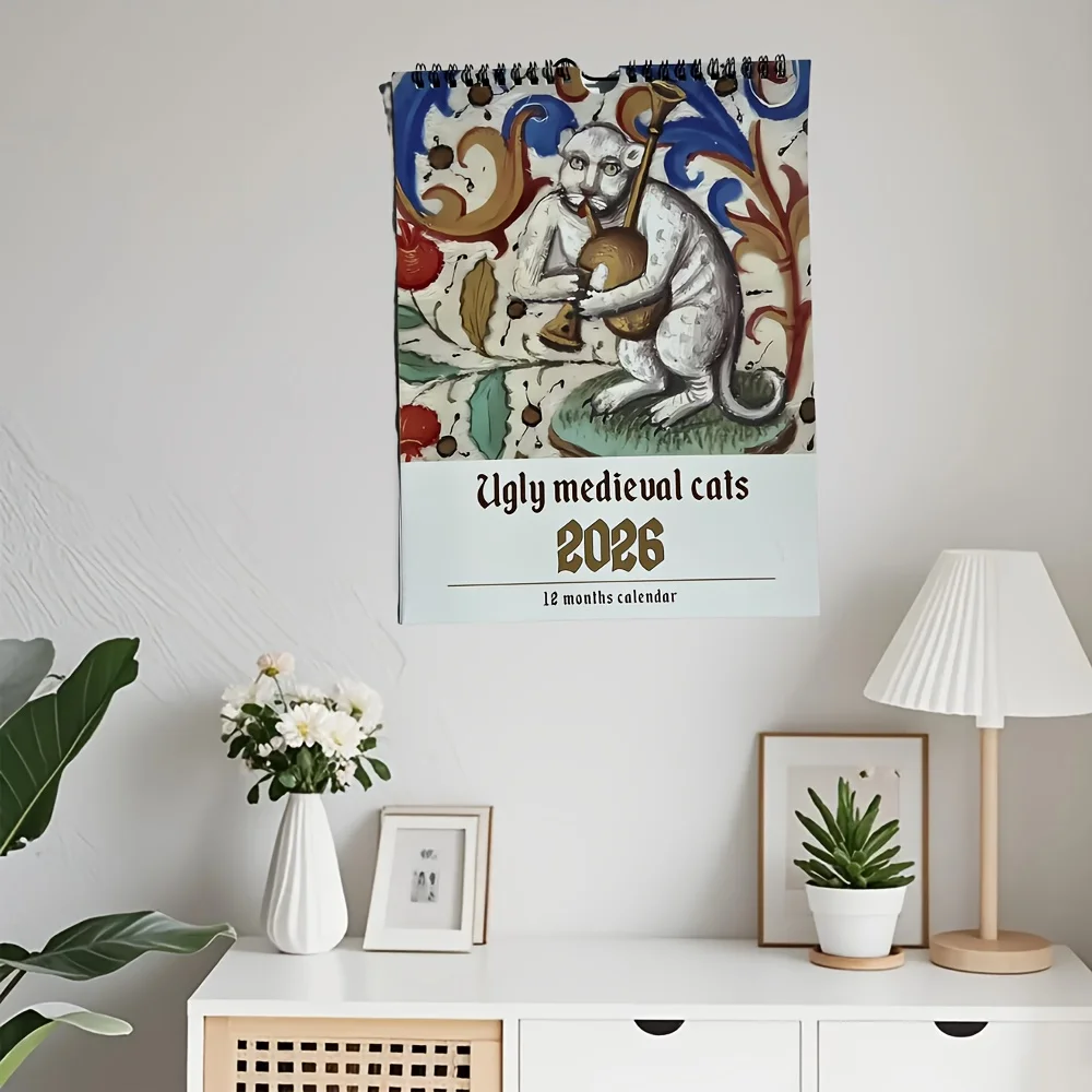 1 قطعة 2026 تقويم القطط في العصور الوسطى القبيح-تقويم حائط معلق على الطراز القوطي العتيق-ديكور مكتب المنزل-هدية عيد ميلاد لمحبي القطط #1