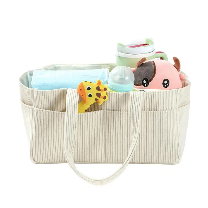 Baby Caddy Organizer Corduroy Storage Basket With Handle Foldable Multi‑pocket Lightweight Newborn Nappy Storage Organizer