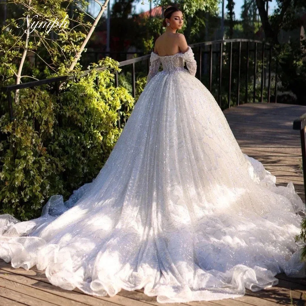 

Exquisite Sequins pearls Bridal Gowns Boat Neck Long Sleeve Wedding Dresses Princess Bride Customized vestidos de novia