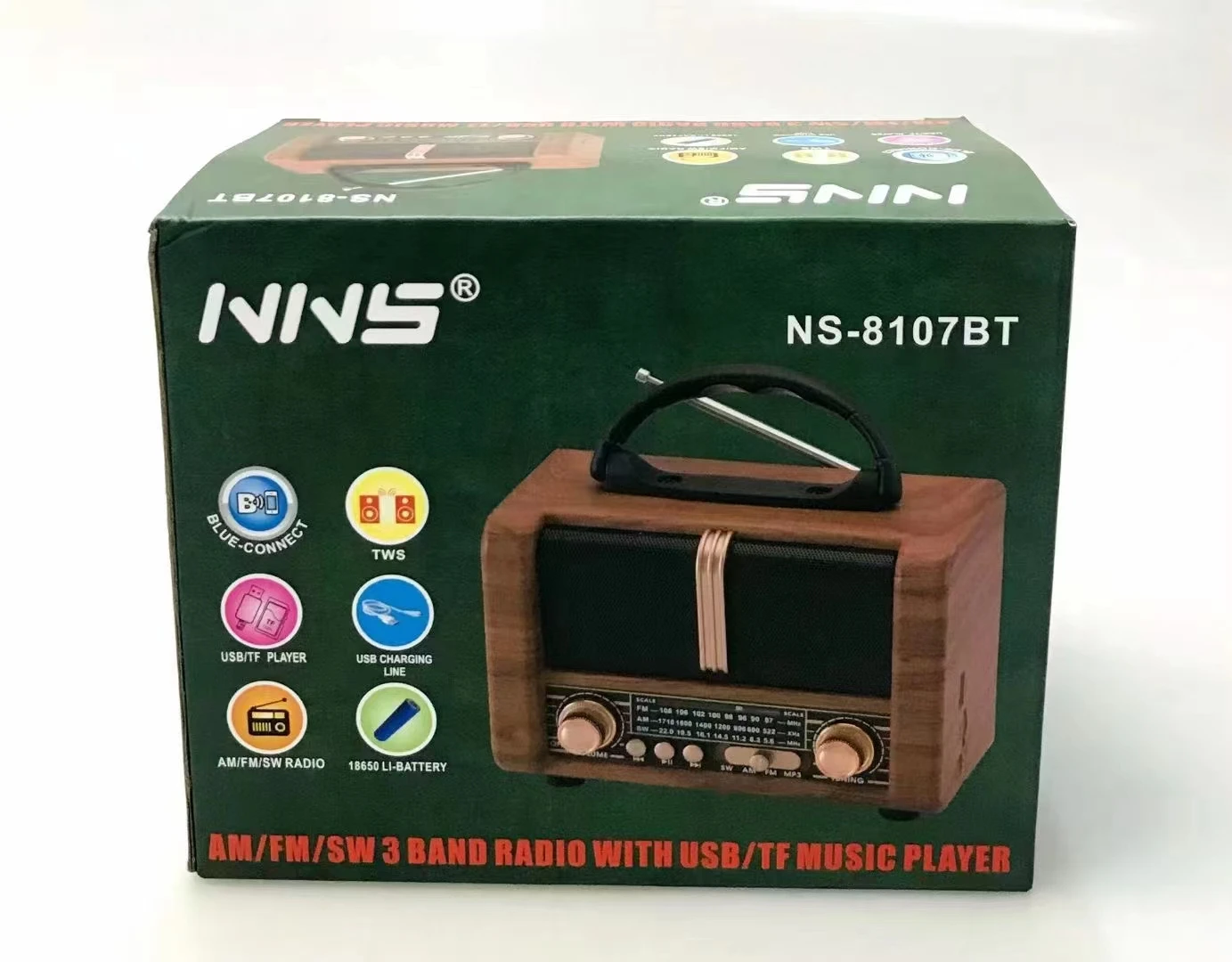 Nns ns-8107bt, vintage, retro, fm, sw, 3 bandas, recarregável, com usb, sd, tf, mp3 player, de madeira