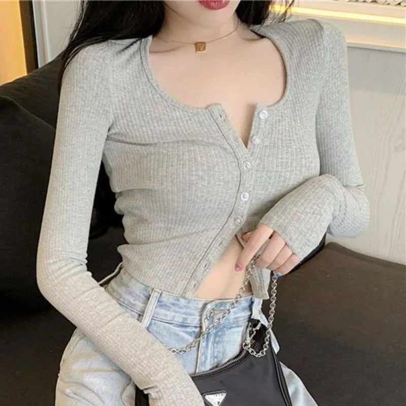 Korean O-neck Short Blusas Women Thin Cardigan Fashion Open Front Button Up Long Sleeve Crop Top Y2k Women Blusas Mujer Camisas