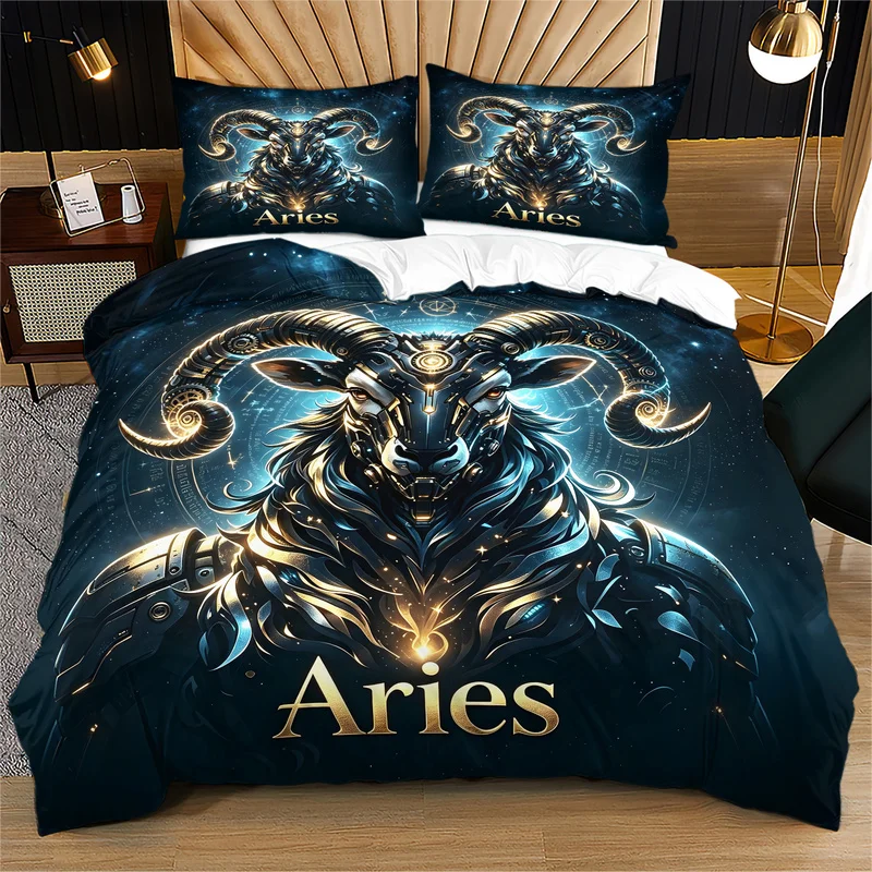 2/3Pcs Microfiber Duvet Cover Set (No Comforter & Pillow Inserts),Machine Washable,Mechanical Futuristic 12 Zodiac Signs Print