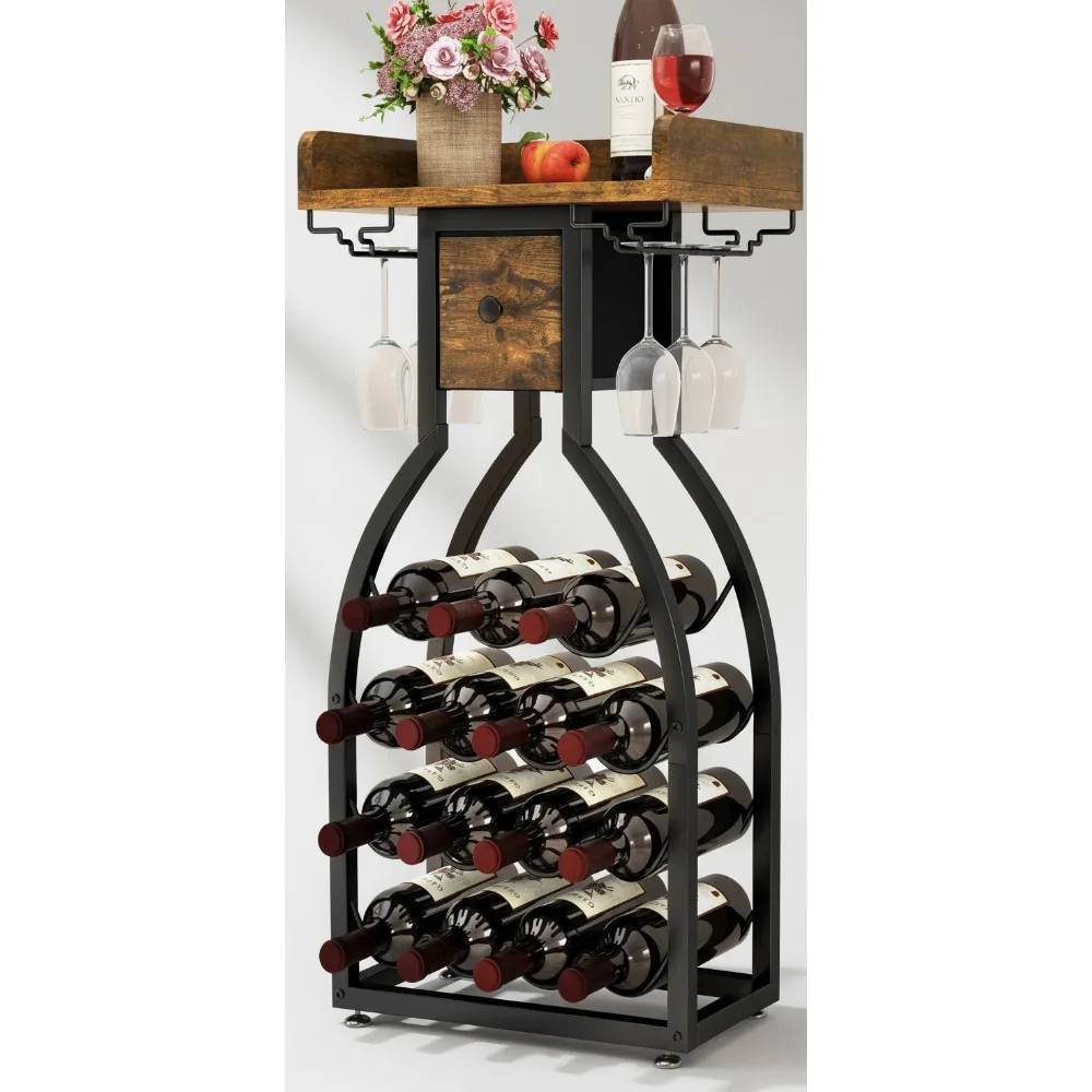 

Отдельностоящая винная полка для бутылок с подстаканниками и ящиком для хранения - коричневый шкаф в деревенском стиле для домашнего бара, кухни