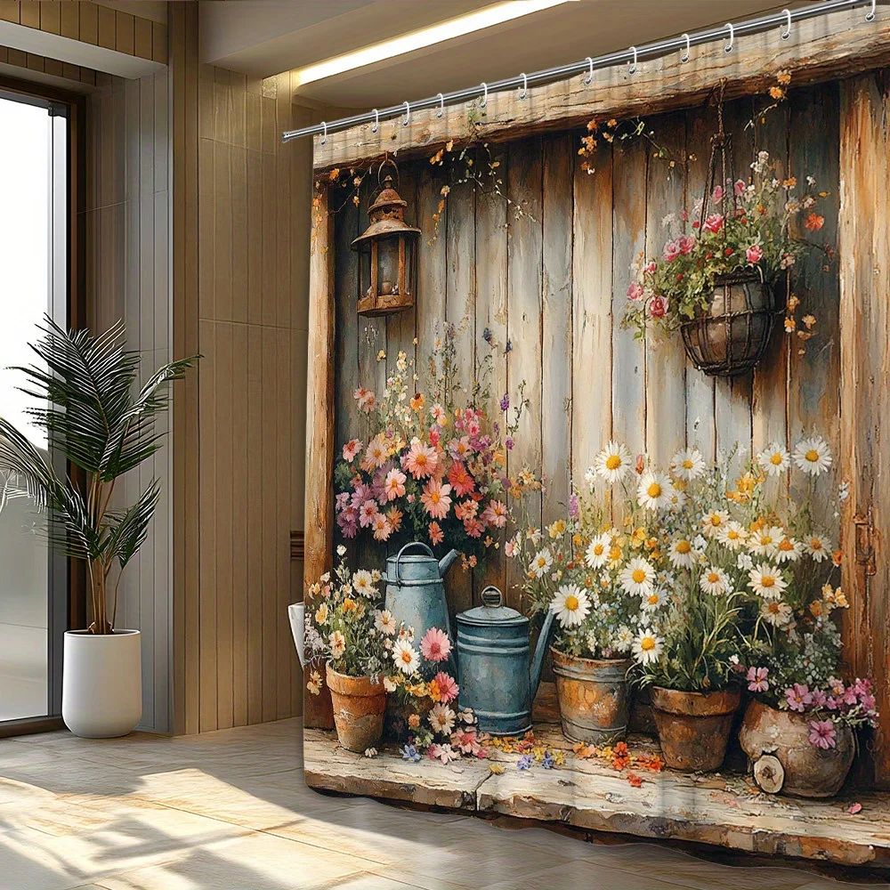 1pc Vintage Garden Shelf Shower Curtain - Rustic Floral Design with Potted Flowers, Wooden Wall & Lanterns, Polyester Fabric Bat