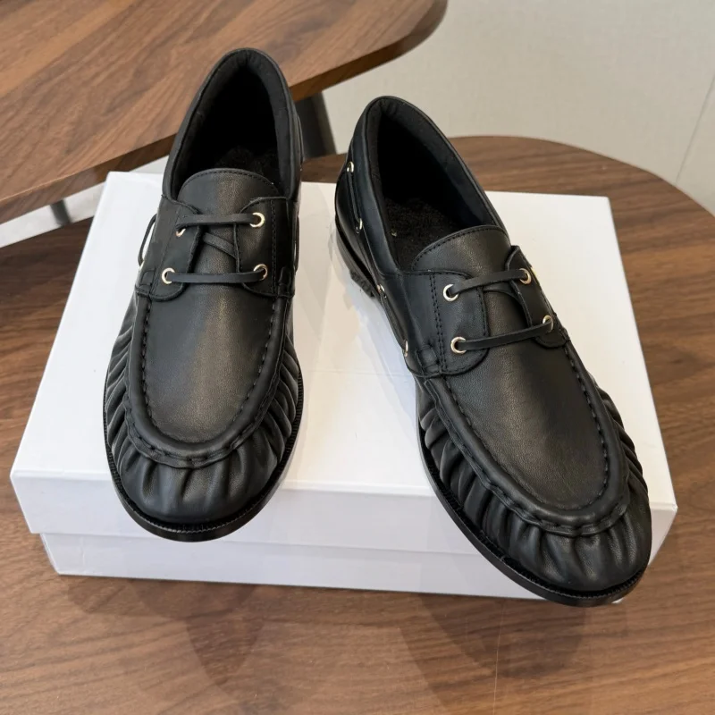 Luxury Unisex Genuine Leather Loafers Handcrafted Pleated Flats Comfortable Casual Shoes Fashion Office Work