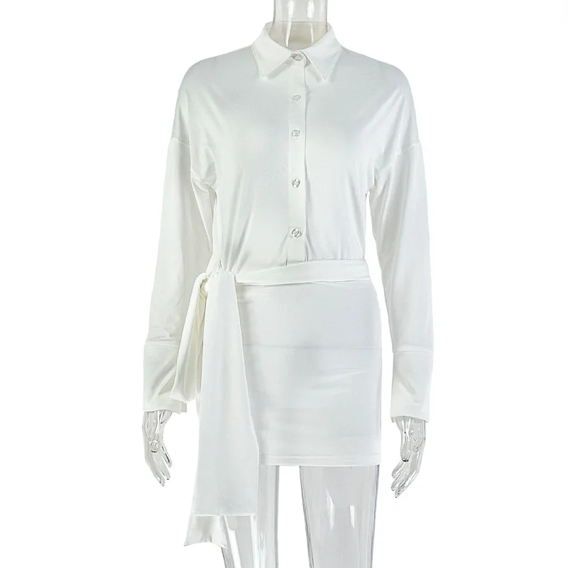 

Women Dresses 2026 Spring New Solid Color Turn-Down Collar Waist Cinching Lace Up Long Sleeve Casual Daily Bag Hip Shirt Dress