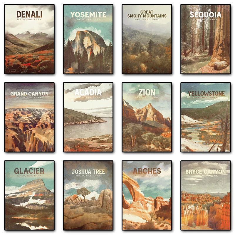 Vintage National Parks Poster Country Travel Landscape Prints Wildlife Adventure Decor Canvas Painting Outdoorsy Wall Art Gift