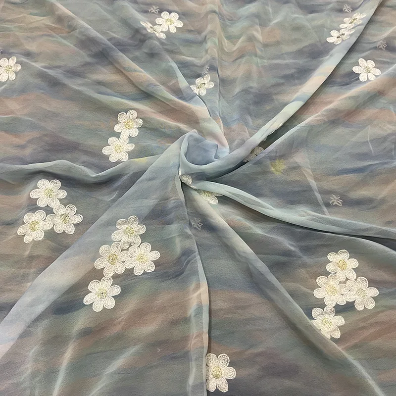 

2025 New Smudge Gradient Gold Thread Embroidery Floral Chiffon Fabric For Wedding Dresses Home Decoration Sold By Yard
