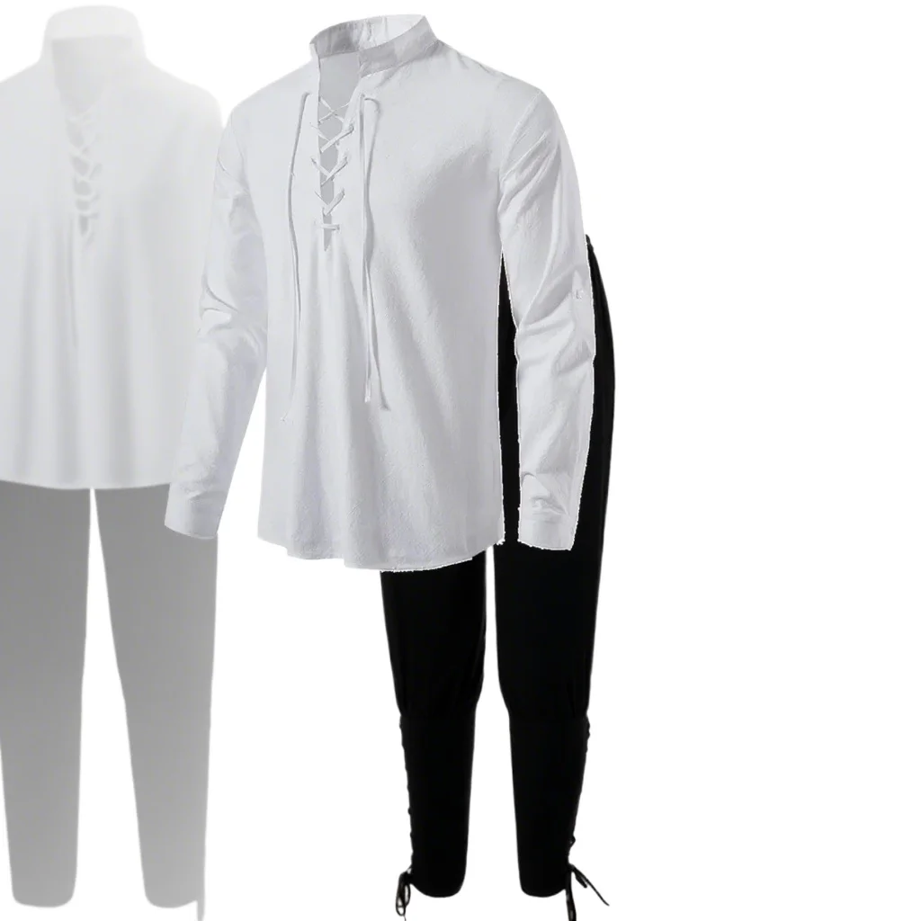 2 قطعة خمر الرجعية القرون الوسطى عصر النهضة تأثيري حلي وتتسابق القراصنة فايكنغ هالوين عادية اليومية LARP رن Faire قميص السراويل