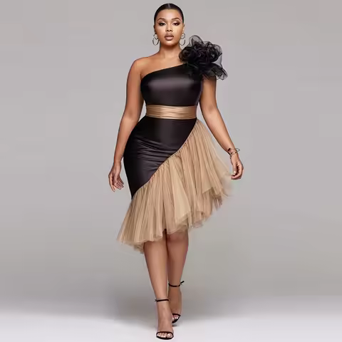 Black And Champagne One Shoulder Prom Dress Satin And Tulle Knee Length Evening Gowns Cocktail Party Dress