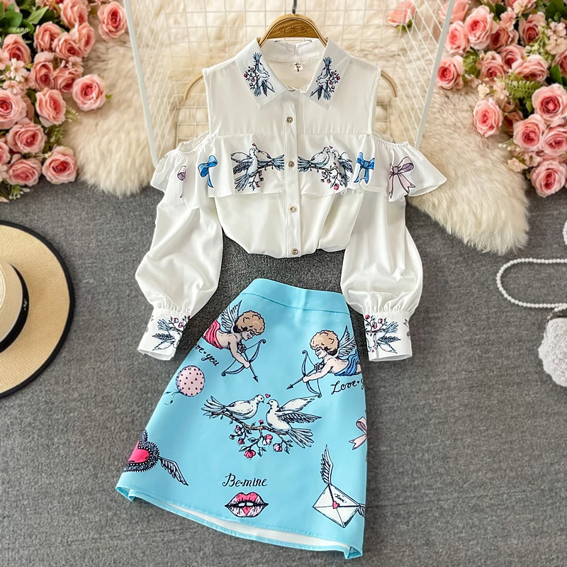 Fashionable Shoulder-baring Long Sleeve Women's Set High Waist Bodycon  Skirt Spring Autumn New Arrival Premium Quality