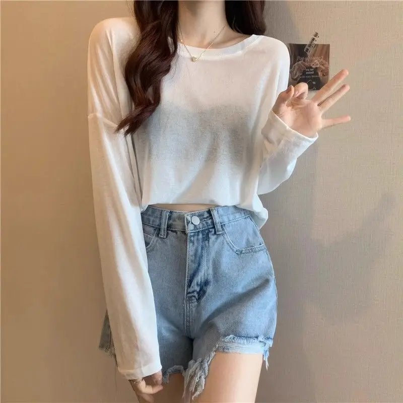 여성용 여름 화이트 루즈핏 긴팔 라운드넥 레이온 니트 탑 가벼운 자외선 차단 다용도 커버업 레이어링 셔츠