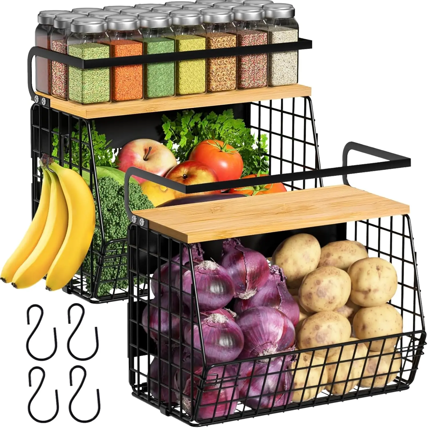 

2 Set Magnetic Shelf for Refrigerator with Wood Lid, Fruit Potato & Onion Storage Bins, Pantry Organizers & Storage, Large Conta