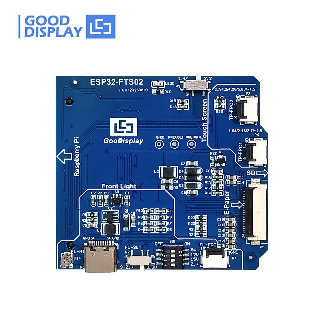 SPI E-Paper Adapter Board with Touch Front Light SD Card for Raspberry Pi & ESP32 E-Ink HAT, ESP32-FTS02