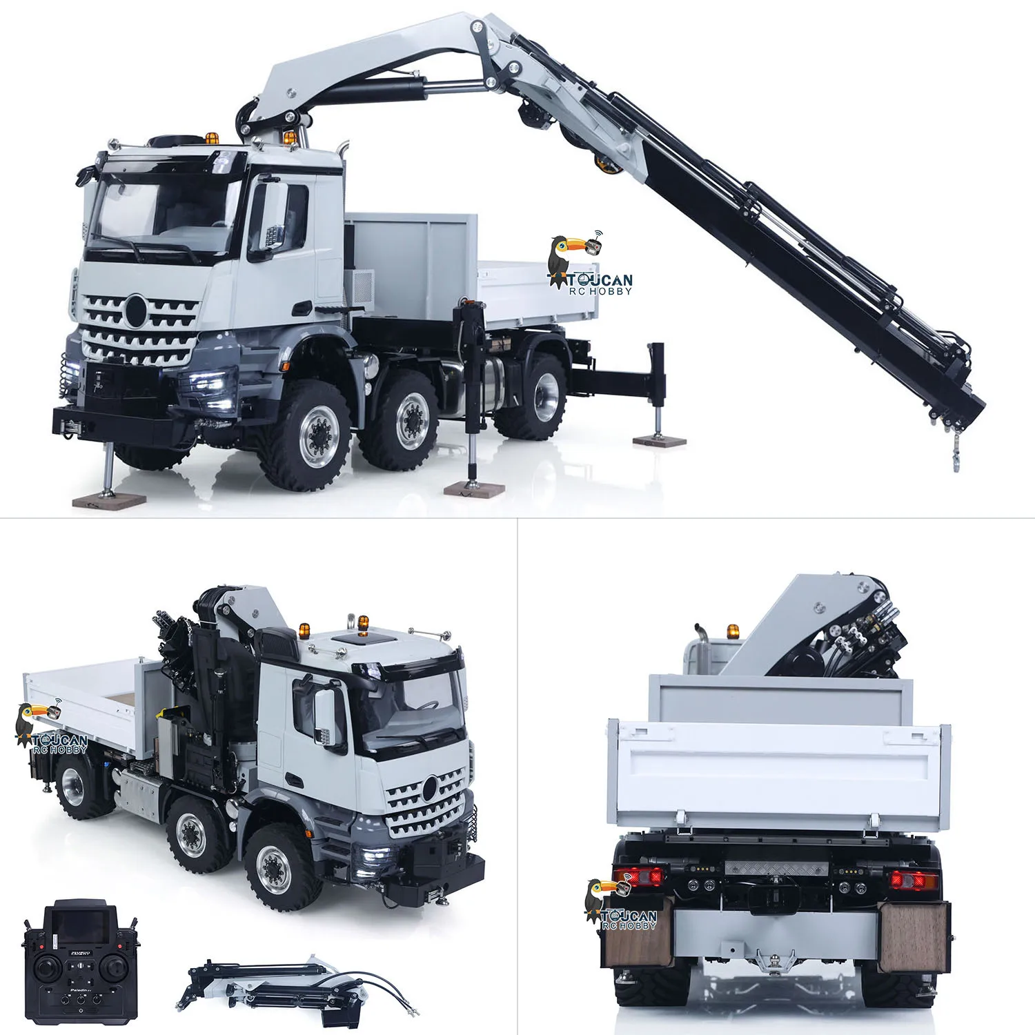 1/14 4151 AK 6*6 Metal RC Tractor Truck with Hydraulic Crane Fly Jib Arm Bucket Radio Control Farm Car 3Speed Lorry Sound Model