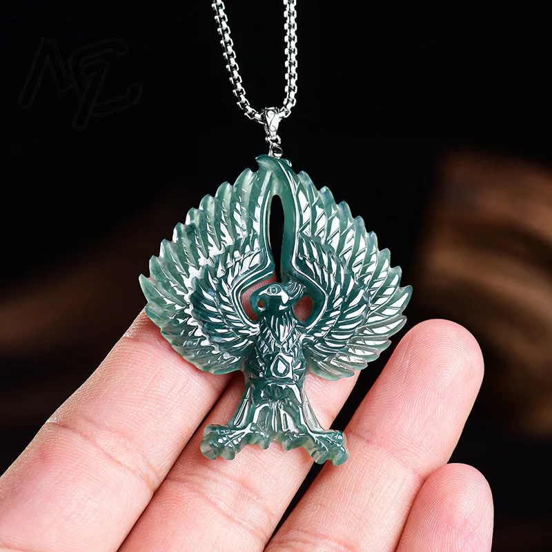 S925 Silver Natural Emerald Jade Blue Water Freedom Eagle Pendant Necklace Carved Charm Jadeite Jewelry Amulet Gifts Certificate