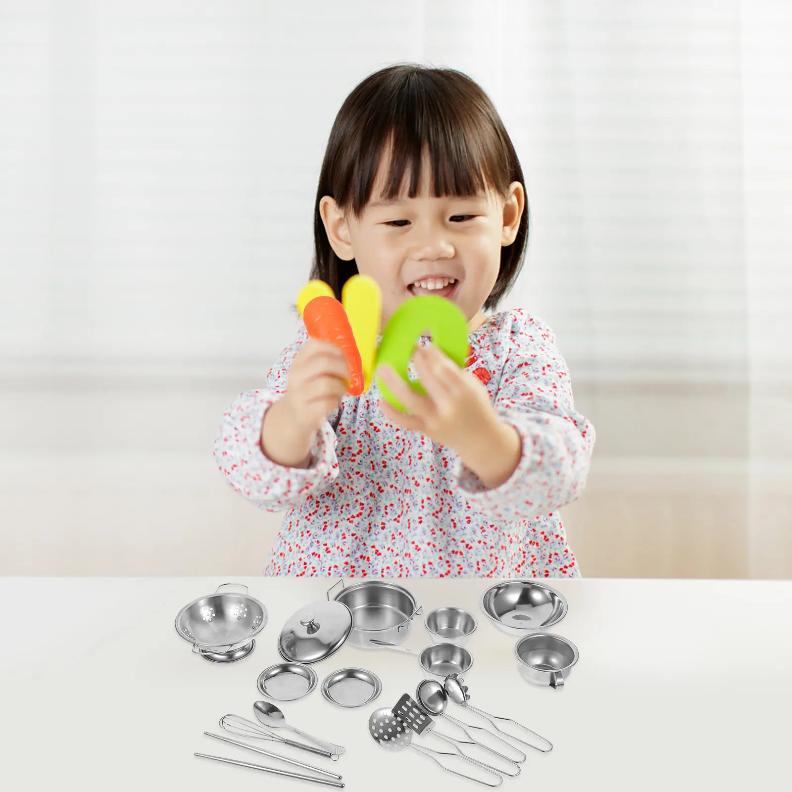 1Set Premium Stainless Steel Kids Kitchen Utensils Set Lightweight Compact Safe Smooth Edges for Pretend Cooking Play Toddlers