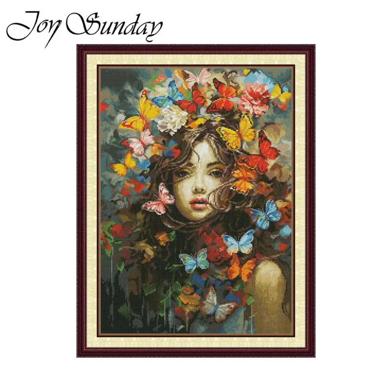 Joy Sunday Cross Stitch Kits Butterfly Beauty Pattern Aida Fabric 16CT 14CT 11CT DIY Hand Embroidery Set Printed Counted Canvas