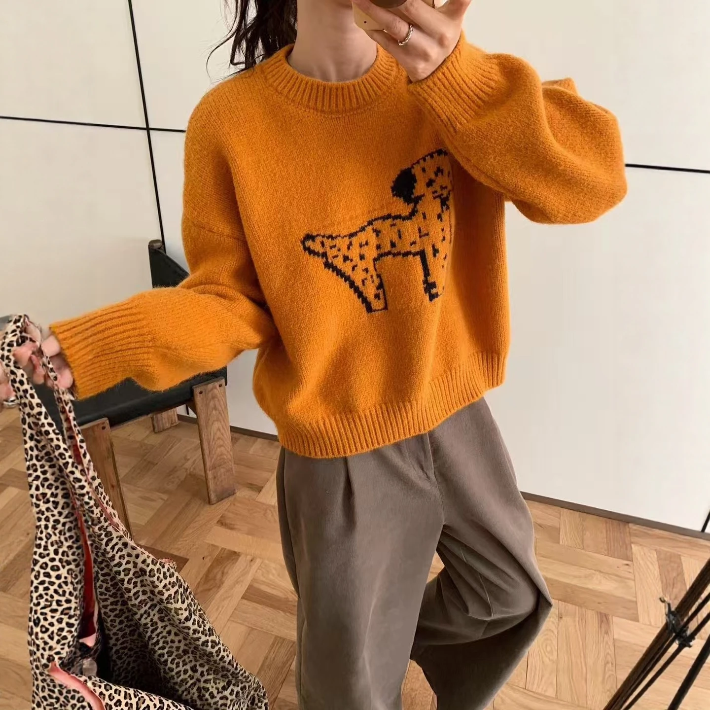 

Orange Polka Dot Dog Collar Sweater Women's Autumn Winter Loose Knitted Casual Inner Wear Soft Younging round Ne Top