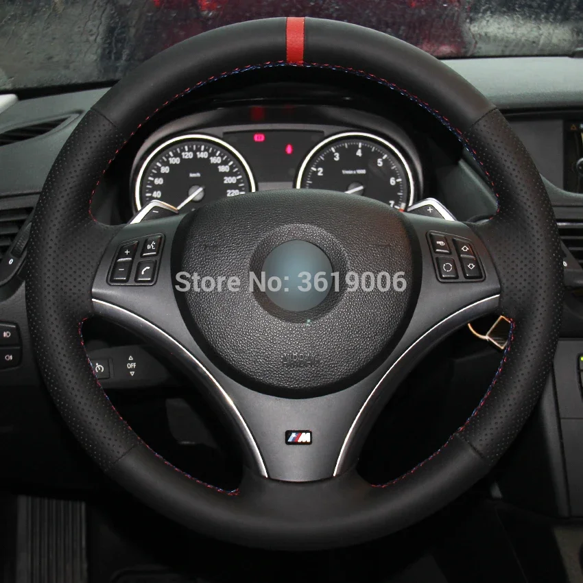 For BMW E90 325i 330i 335i Hand-stitched Anti-Slip Black Leather Red Blue Thread DIY Steering Wheel Cover