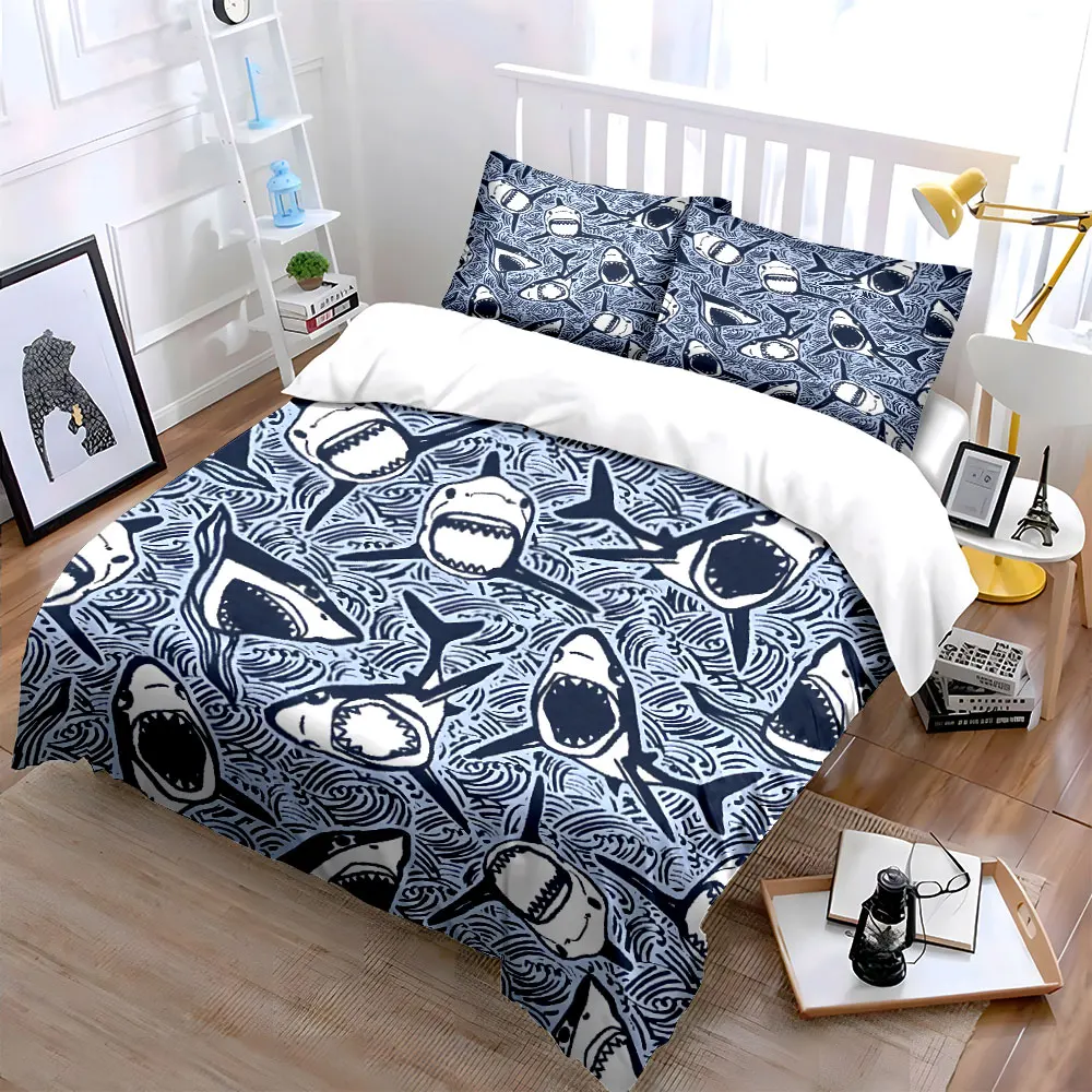 Shark Print Decor Set Bedding Set with 1 Duvet Cover 2 Pillowcases Single Double King Queen, Gift
