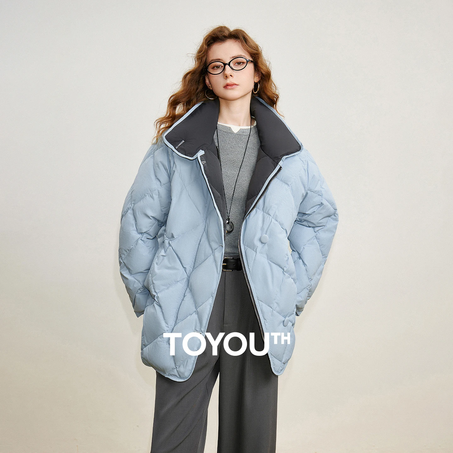 TOYOUTH Women 90% White Duck Down Jacket 2025 Winter New Diamond Grid Double Side Contrasting Color Splicing Jacket Coat