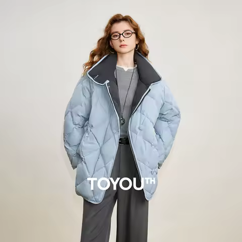 TOYOUTH Women 90% White Duck Down Jacket 2025 Winter New Diamond Grid Double Side Contrasting Color Splicing Jacket Coat