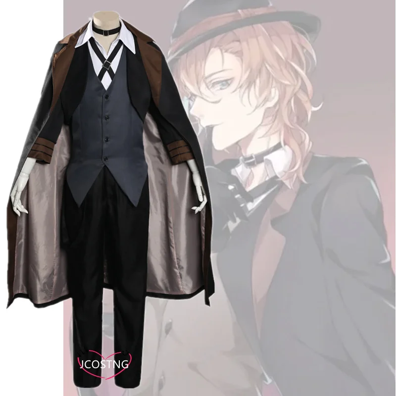 Bungou-Nakahara Chuya fantasia de cosplay para homens e mulheres, peruca, chapéu, luva, jaqueta, calças, terno feminino, cães vadios