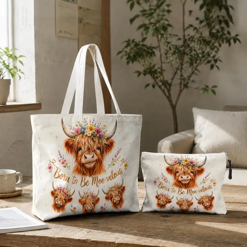 

Highland Cow Storage Bags 2-Piece Eco-Canvas Tote-Zipper&Double-Sided Print -Beach Picnic&Daily Shopping
