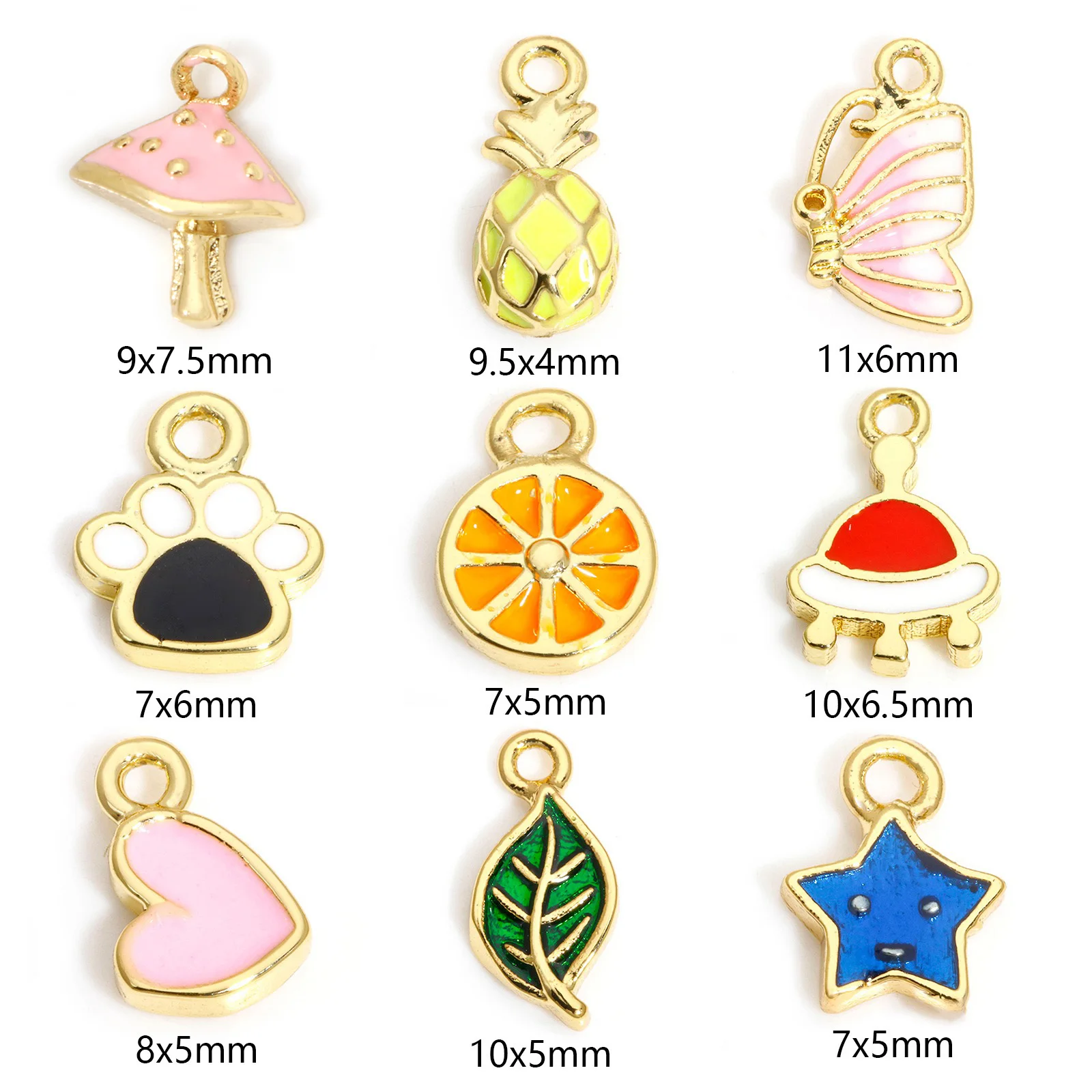 2pcs Brass Charms Gold Color Fruit Orange Pineapple Animal Butterfly Heart Multicolor Enamel Pendants DIY Necklace Women Jewelry