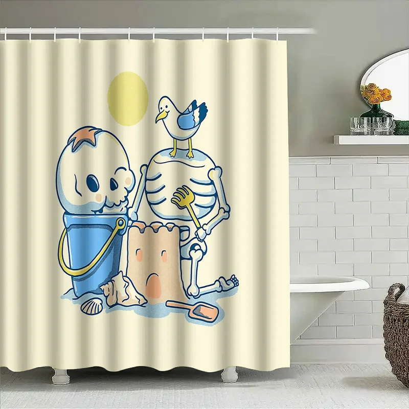 ستارة حمام على شكل رسوم كرتونية لطيفة غير مؤطرة مع ستارة حمام على الشاطئ الرملي ديكور الحمام قماش مقاوم للماء على شاطئ البحر والمحيط كي