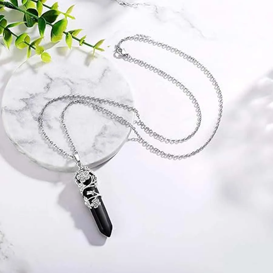 Charms Natural Black Agate Hexagon Stone Pendant Necklace For Women Onyx Agates Flower Wrapped Gemstone Choice Men Jewelry Gifts
