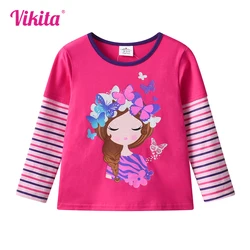 VIKITA Girls Long Sleeve Autumn Spring T Shirt Kids Doll Print Cartoon T Shirts Toddlers Cotton Casual Striped Tops and Tees