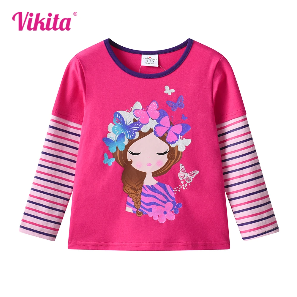 VIKITA Girls Long Sleeve Autumn Spring T Shirt Kids Doll Print Cartoon T Shirts Toddlers Cotton Casual Striped Tops and Tees