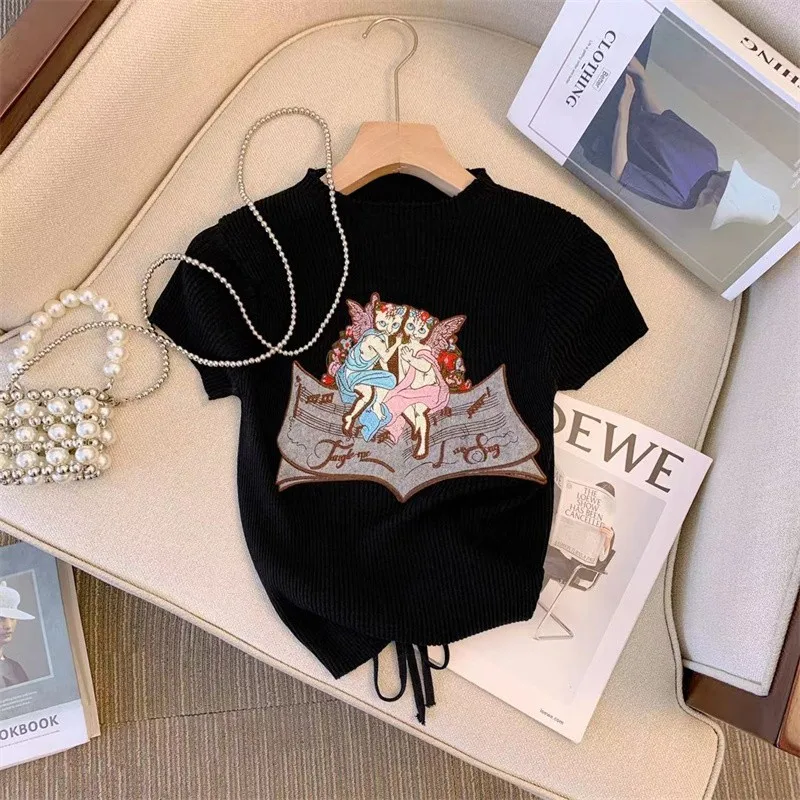 Cartoon Embroidered Slim Knit Sweater Tshirt Women Summer Stylish Fashion Elegant Tops Pullovers Short Sleeve Lace-up Knitwear