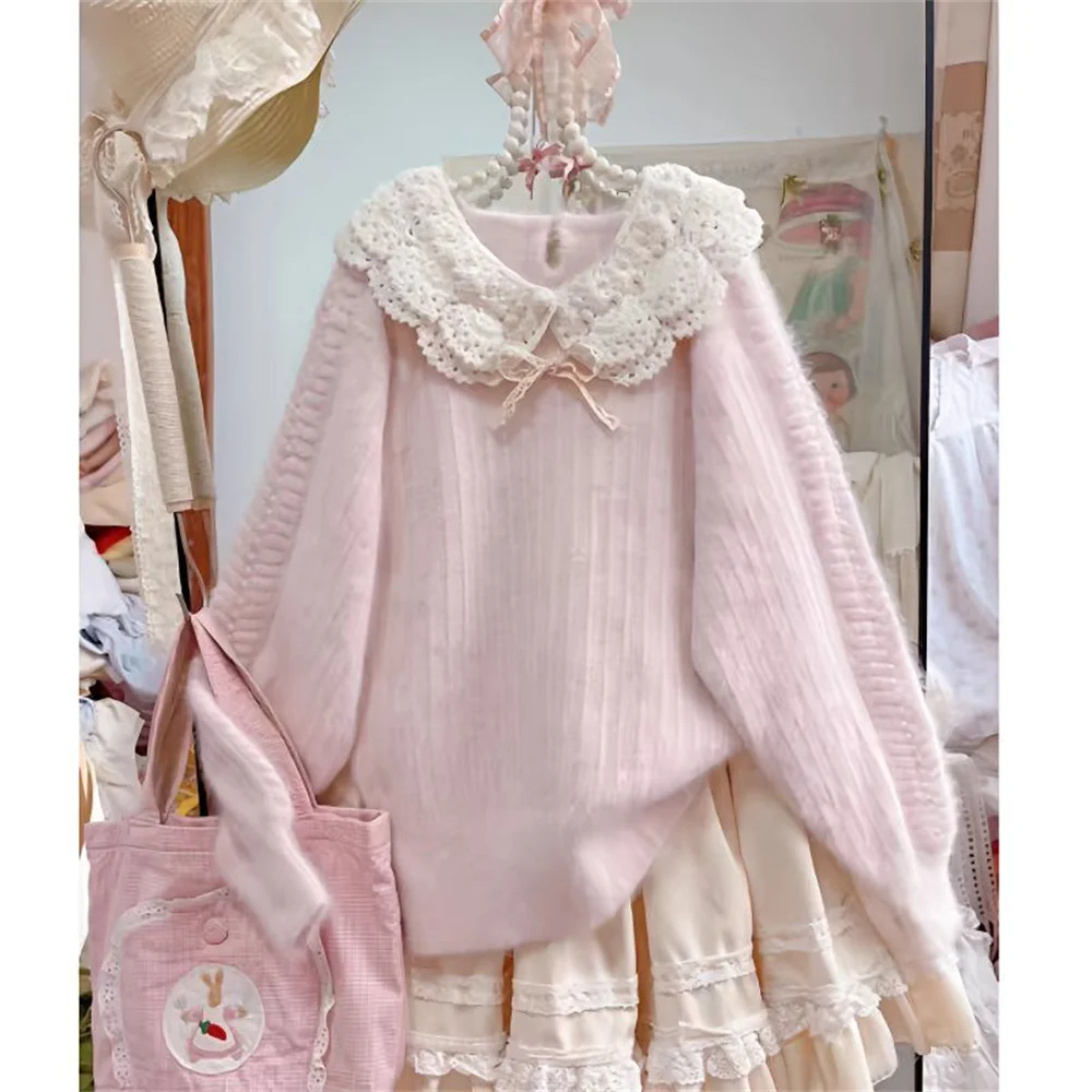 Doce rosa peter pan colarinho retalhos camisola feminina estilo coreano vintage usar malha topo 2025 outono e inverno pulôver bonito arco