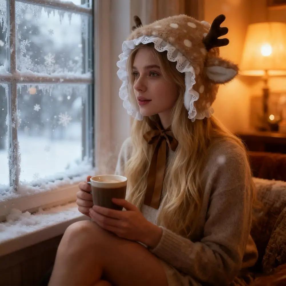 ear-protection-hat-cartoon-deer-hat-cartoon-deer-plush-earmuffs-winter-headwear-scarf-thick-hair-tie-accessory-cozy-for-weather