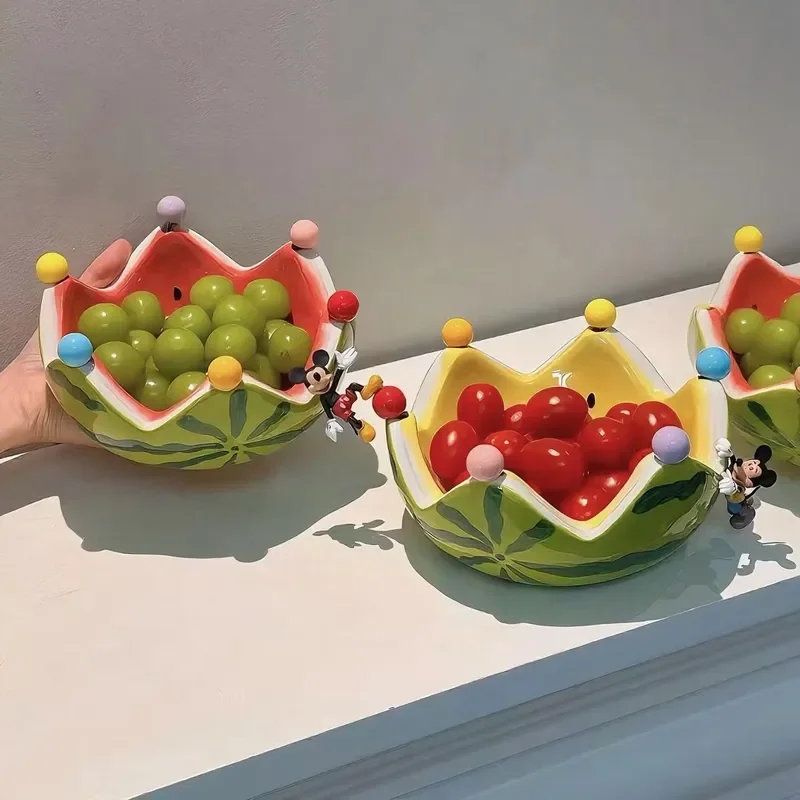 Creative Watermelon Fruit Plate Matte Ceramic Fork Set Large Capacity Bowl for Living Room Coffee Table Cute Decorative