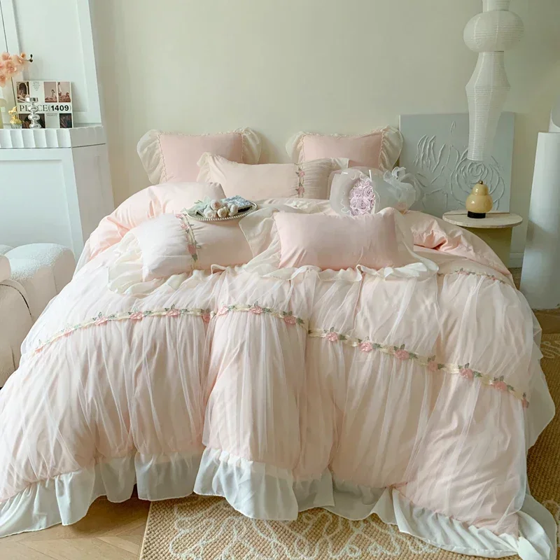 Pink French Princess Wedding Romantic Pleat Lace Ruffles Bedding Set Soft Cozy Korean Girls Duvet Cover Set Bed Sheet Pillowcase