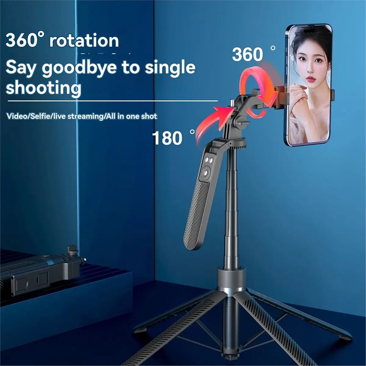 1,8 m de largo 360 °   Palo de Selfie para teléfono con cabezal giratorio, soporte de cuatro patas, trípode de expansión remota Bluetooth para teléfono inteligente, color negro