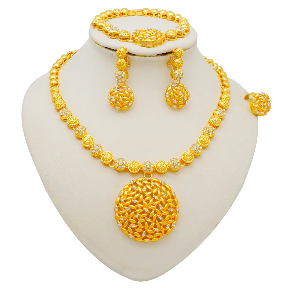 

Necklace/Earrings/Bracelet/Ring (Diamond) Women 24K Gold, AU999 | Hammered supernova with raised diamond clusters.