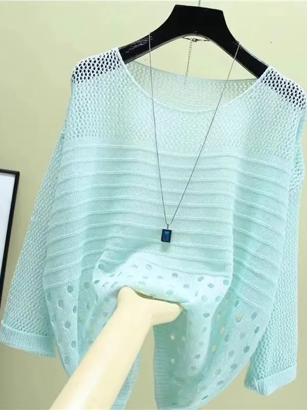 Lightweight Ice Silk Hollow out Knitwear Loose Fit Sun Protection Fashionable Air Conditioning Shirt Women's Summer Style